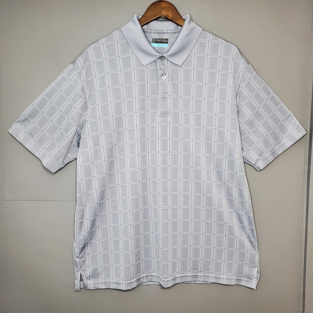 PGA Tour Mens XL Gray Windowpane Grid Short Sleeve Golf‎ Polo Shirt Polyester